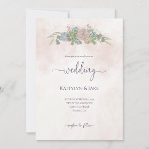 Convite de Casamento Suculento Verde e Rosa