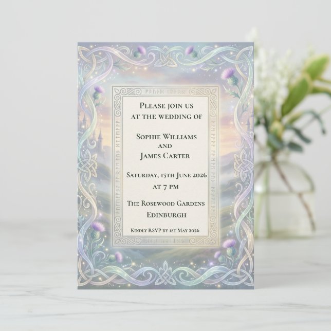 Convite de Casamento Sunset Celtic Thistle (Em pé/Frente)