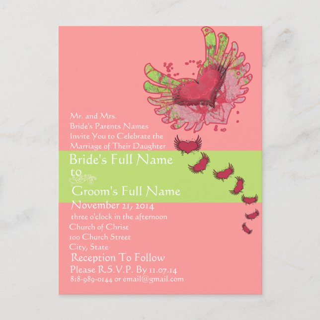 Convite de Casamento Sweet Heart Raspberry & Lime (Frente)