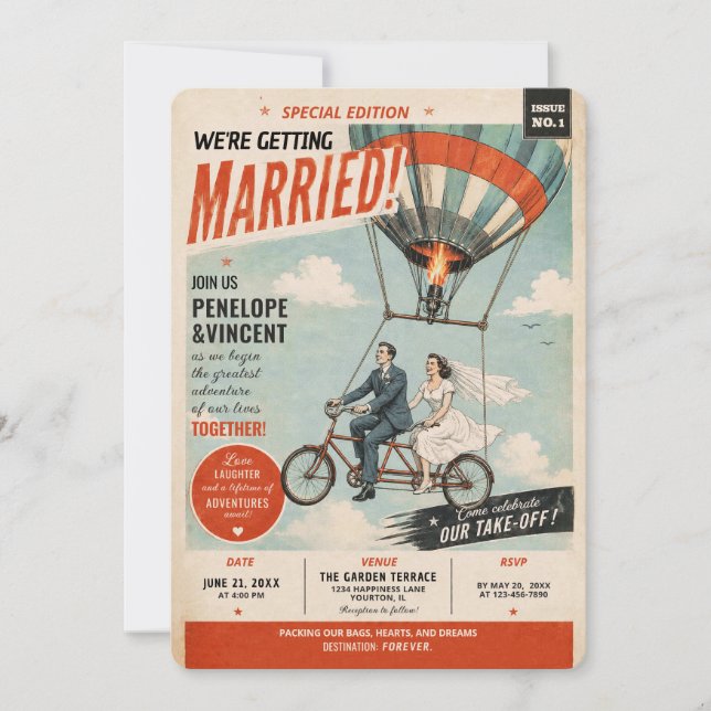 Convite de Casamento Tandem Flight Gazette (Frente)