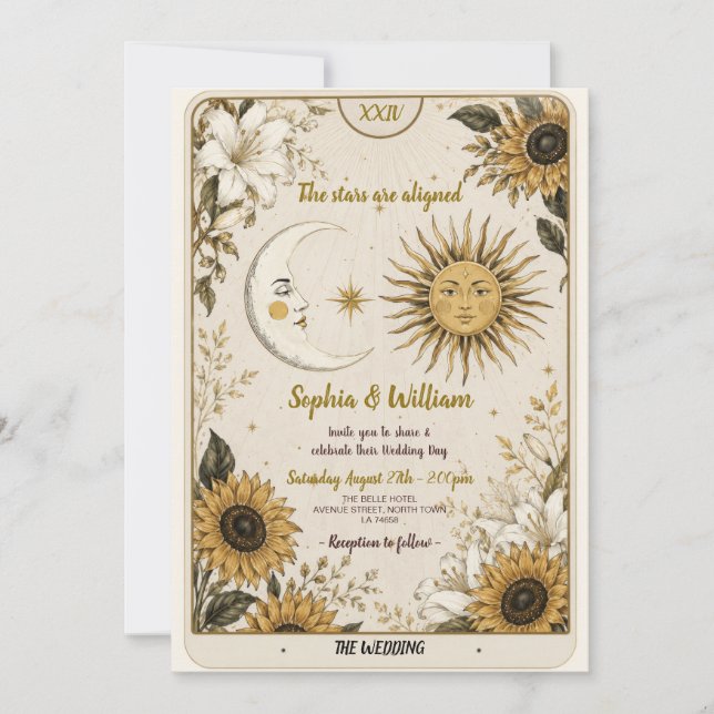Convite de Casamento Tarot Lua Sol Estrelas Amante (Frente)