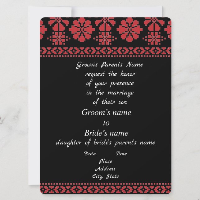 Convite de Casamento Tatreez Preto e Vermelho (Frente)