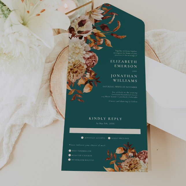 Convite de Casamento Teal All In One (Fall Teal Terracotta Floral  Wedding All In One Invitation by Painted Paperie)