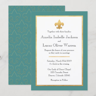 Convite De Casamento Teal & Dourado Fleur De Lis