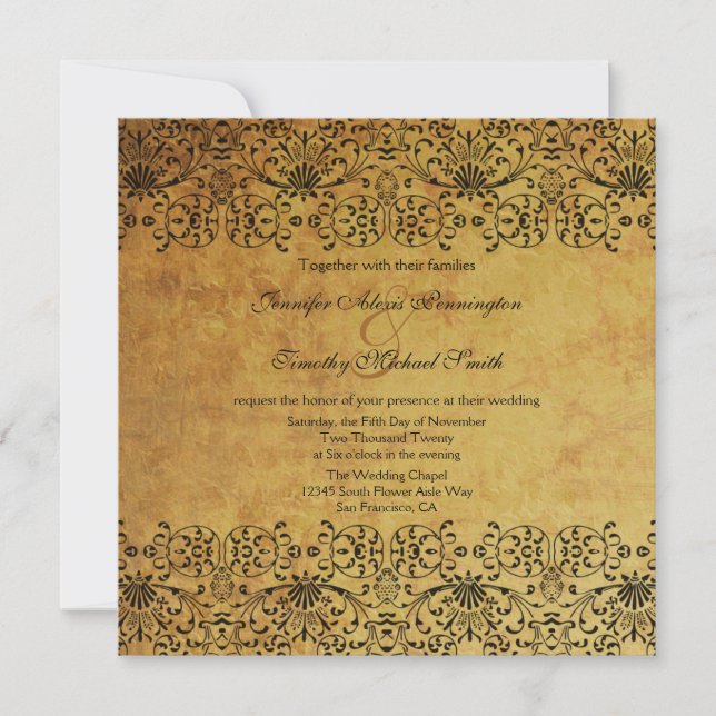 Convite de casamento tema damasco de ouro preto es (Frente)