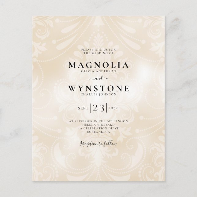 Convite de Casamento tema damasco de Pérolas de Or (Frente)
