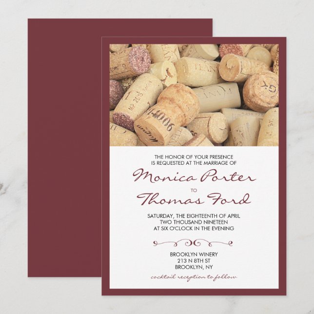 Convite de Casamento Temático de Vinho de Cortiça (Frente/Verso)