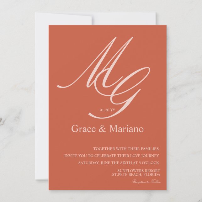 Convite de Casamento Terracota Rosa Monogramado Mu (Frente)