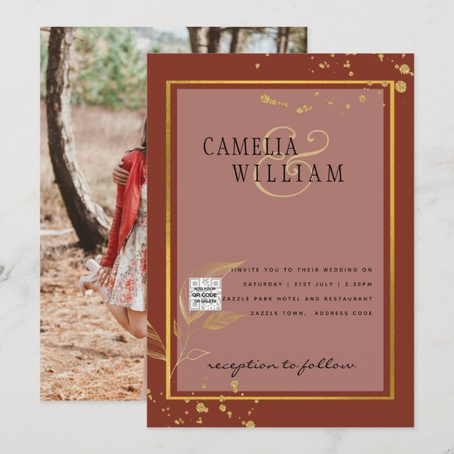 Convite de casamento Terracotta CÓDIGO QR FOTO Sal (Frente/Verso)