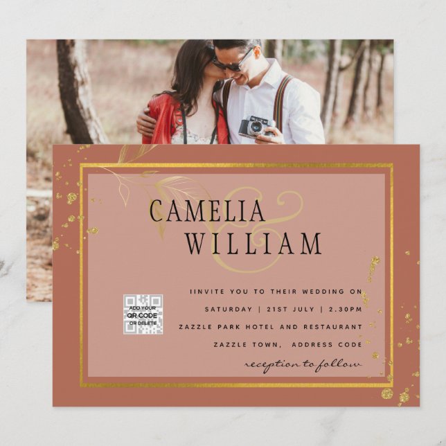 Convite de casamento Terracotta com código QR de F (Frente/Verso)