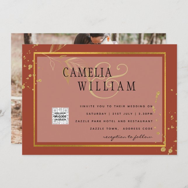 Convite de casamento Terracotta FOTO CÓDIGO QR par (Frente/Verso)