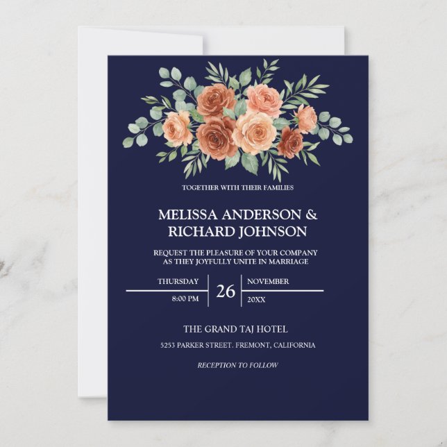 Convite de Casamento Terracotta Rose Azul Marinho (Frente)