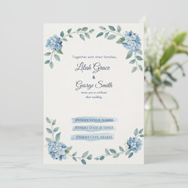 Convite de Casamento The Blue Bloom Dusty Hydrange (Em pé/Frente)