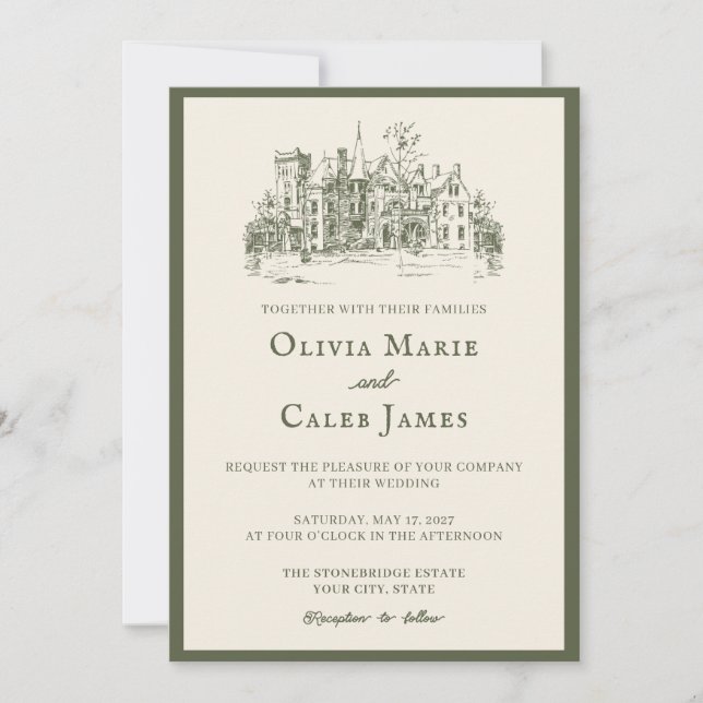 Convite de Casamento The Villa: Olive e Marfim (Frente)