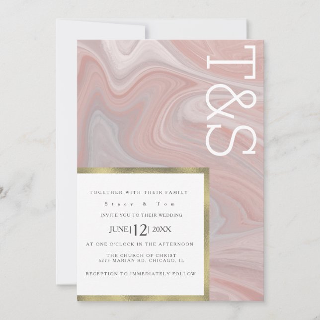 Convite de Casamento Tipografia Blush Líquido Márm (Frente)