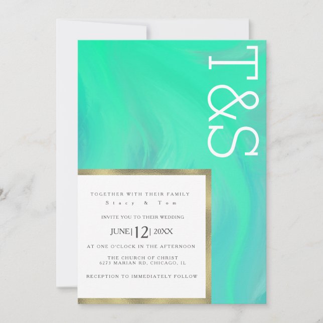 Convite de Casamento Tipografia Verde Menta Marble (Frente)