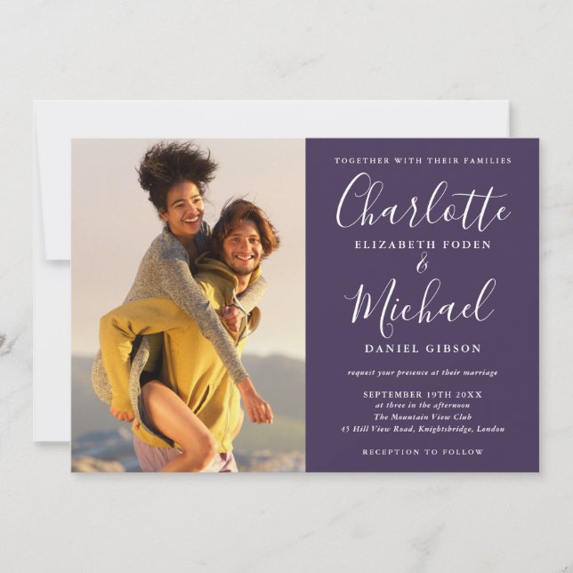 Convite de Casamento Todo em Um Elegante e Roxo co (Frente)