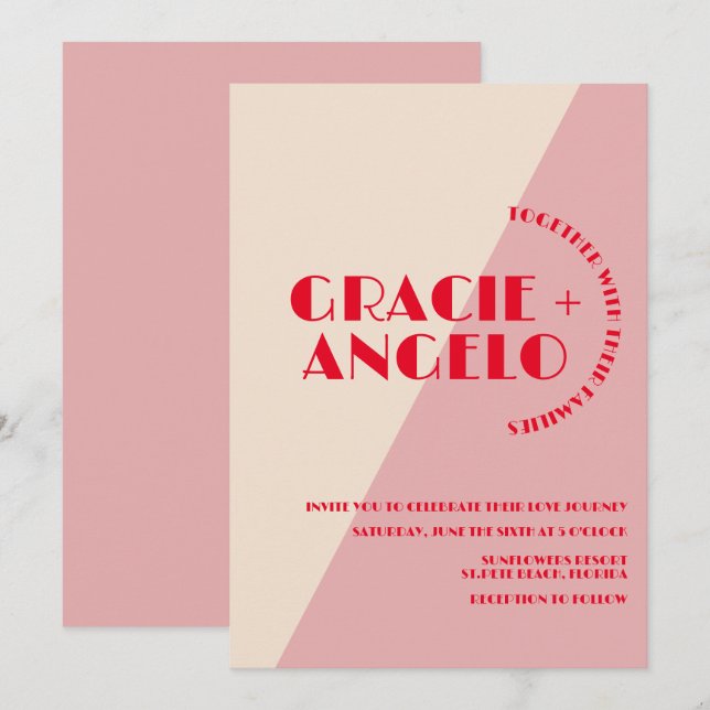 Convite de Casamento Tons Rosa Vermelho Retro (Frente/Verso)