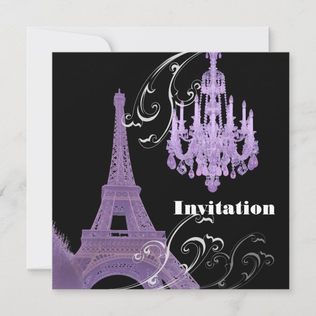 Convite de casamento Torre Eiffel Lustre Roxo (Frente)