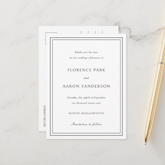 Convite de casamento tradicional em preto e branco (Frente/Verso In Situ)