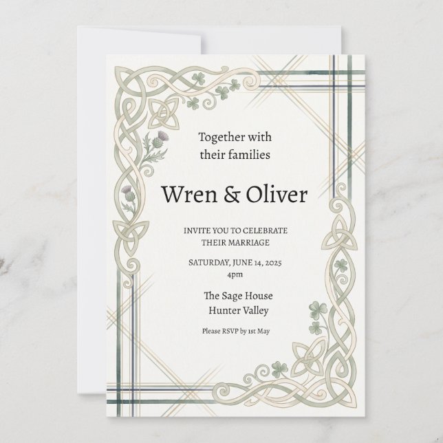 Convite de Casamento Trevo Espinho Escocês Irlandê (Frente)