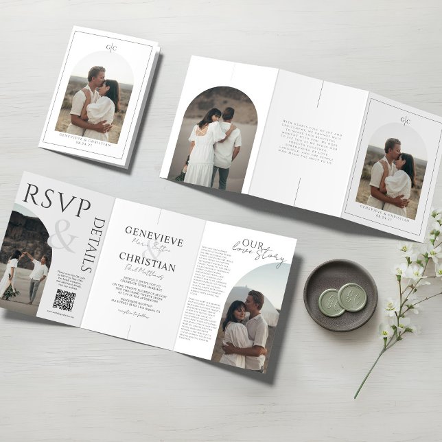 Convite de Casamento Tri-Fold Elegante com Fotos (Arch and Minimal Tri-fold wedding invitation with photos)