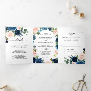 Convite de Casamento Trifold Azul Marinho Rosa Beg
