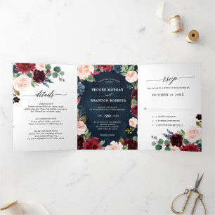 Convite de Casamento Trifold Vermelho Borgonha Mar