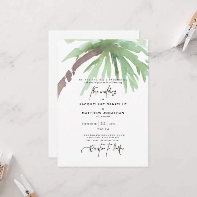 Convite de Casamento Tropical Aquarela Branco (Frente/Verso In Situ)