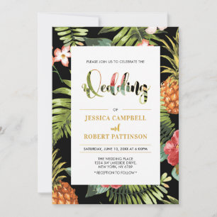Convite de Casamento Tropical Black & Gold   Verão