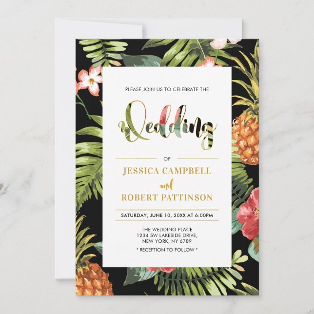 Convite de Casamento Tropical Black & Gold | Verão (Frente)