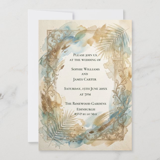 Convite de Casamento Tropical Blue Gold (Frente)
