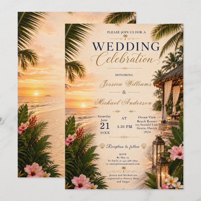 Convite de Casamento Tropical Cabana (Frente/Verso)