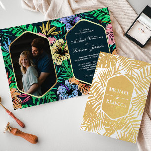 Convite de Casamento Tropical com Folha de Ouro Az