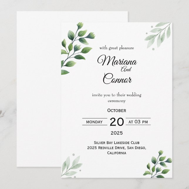Convite de Casamento Tropical com Folhagem (Frente/Verso)