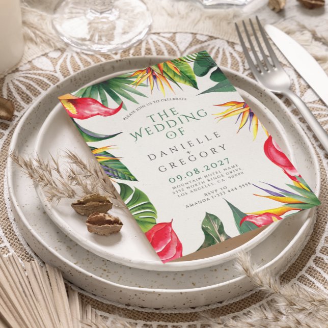 Convite de casamento tropical com folhagem dourada (Criador carregado)