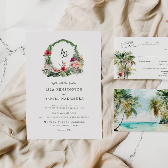 Convite de Casamento Tropical Crest Hibiscus Havaí (Criador carregado)
