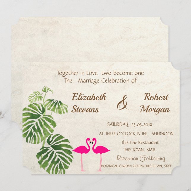 Convite De Casamento Tropical Flamingos (Frente/Verso)