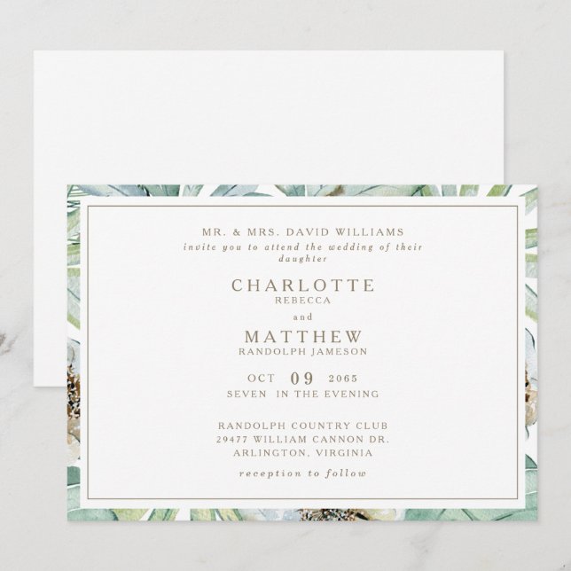 Convite de Casamento Tropical Horizontal Dourado B (Frente/Verso)