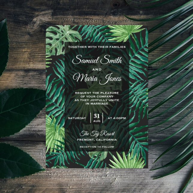 Convite de Casamento Tropical Moderno Folhas de Pa (Criador carregado)
