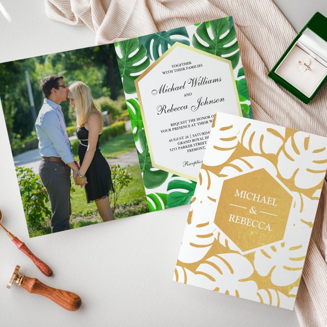 Convite de Casamento Tropical Monstera com Folha d (Criador carregado)