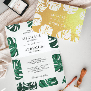 Convite de Casamento Tropical Monstera com Folha d