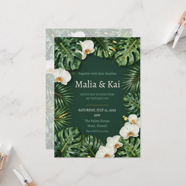 Convite de Casamento Tropical Monstera Orquídea Br (Frente/Verso In Situ)