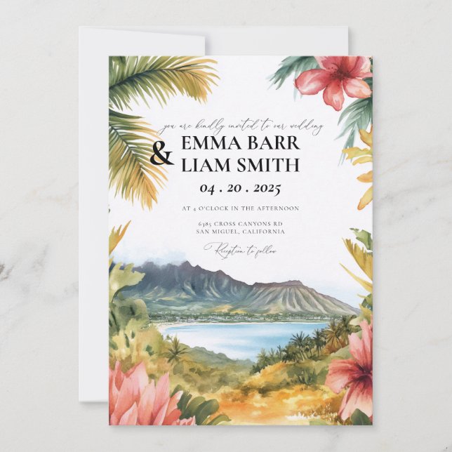 Convite de Casamento Tropical na Praia Kauai HAWAI (Frente)