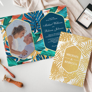 Convite de Casamento Tropical Oceano Azul Dourado