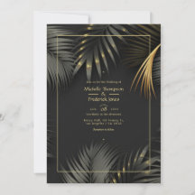 Convite de Casamento Tropical Preto e Dourado