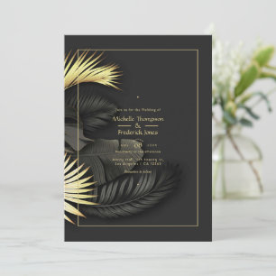 Convite de Casamento Tropical Preto e Dourado