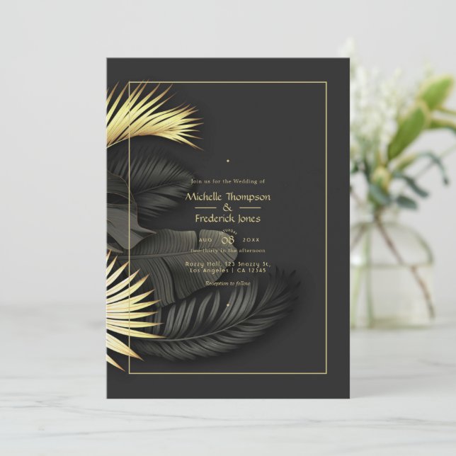 Convite de Casamento Tropical Preto e Dourado (Em pé/Frente)