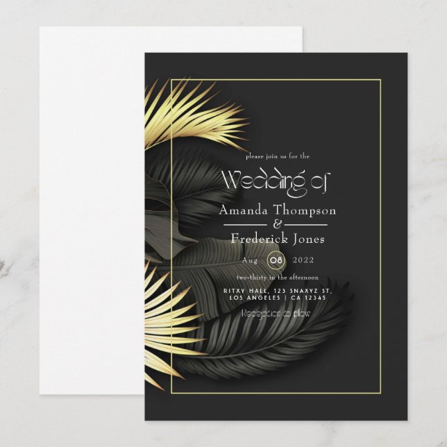 Convite de Casamento Tropical Preto e Dourado (Frente/Verso)
