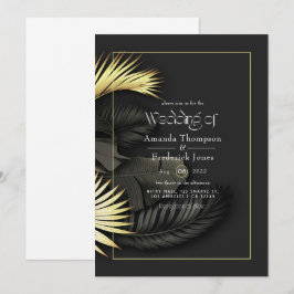 Convite de Casamento Tropical Preto e Dourado